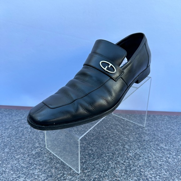 VINTAGE GUCCI BLACK LEATHER  G LOGO DETAIL LOAFERS Size 8-9 MADE IN ITALY - Picture 2 of 13